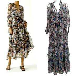 Anthropologie The Marais Printed Chiffon Maxi Dress Size XS Sheer Ruffled Tiers